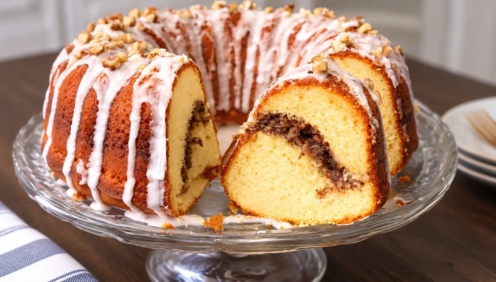 Glazed pound cake with walnuts
