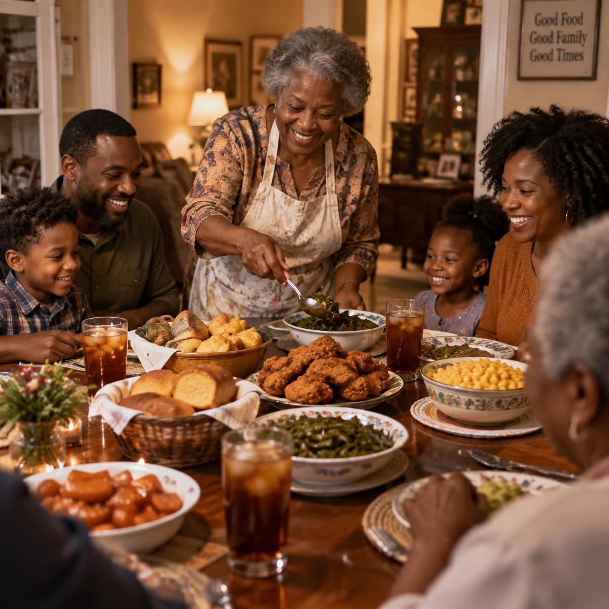 A multigenerational Black American family sharing a homemade Southern dinner